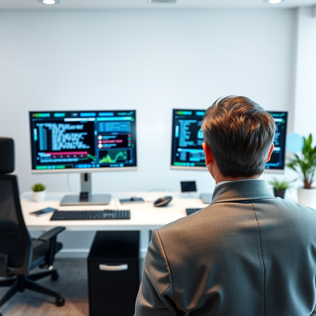 "A pristine, modern office environment demonstrating cutting-edge data security in real estate business operations. The image showcases a sleek, high-tech workstation with dual monitors displaying complex encryption software and data protection interfaces, without any discernible text. In the foreground, a professional, possibly the office owner, is viewed from the back, examining the content on screens intently. The room is well-lit with a minimalist decor style, emphasizing a blend of professionalism and forward-thinking technological application. Visual indicators of security, like icons of locked padlocks and digital fingerprints, subtly integrate into the scene, reinforcing the theme of data security."