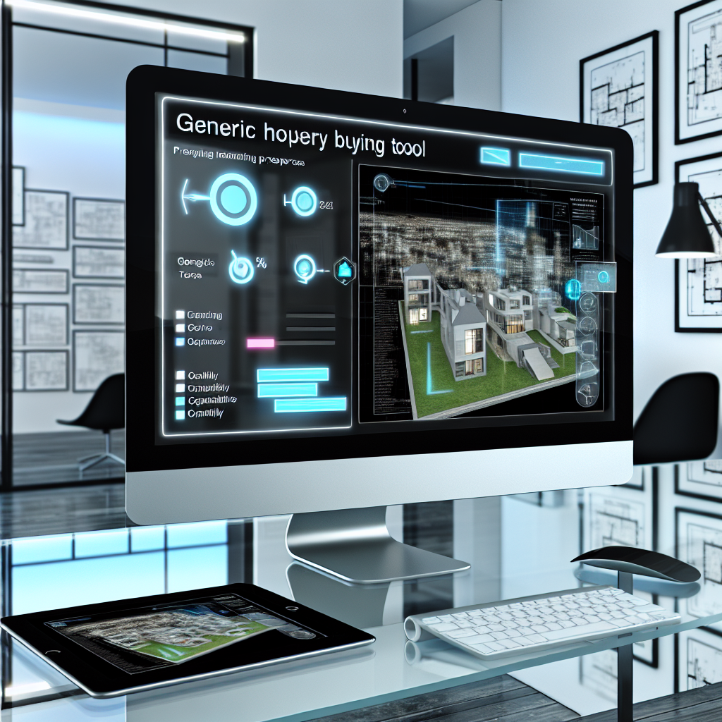 "A dynamic home buying scenario in a sleek, modern home office setting, featuring a large desktop computer screen displaying Zillow's BuyAbility tool interface. The screen shows a detailed interactive map that is pinpointing various properties with visual indicators for price and compatibility scores based on user preferences. Around the computer, there are glimpses of architectural blueprints and digital tablets showing property photos, reflecting a blend of technology and real estate expertise. The atmosphere conveys a sense of cutting-edge technology and user-friendly design, appealing to home buyers and real estate innovators alike."