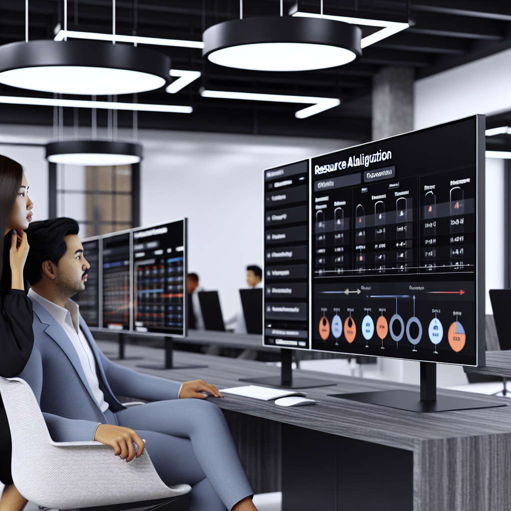 "A sleek, modern tech startup office with an open floor plan, featuring a young, diverse team of professionals actively engaged in using advanced real estate software. The central focus is on a large, clear screen displaying a resource management dashboard specifically designed for real estate projects. The dashboard shows various resource allocation graphs and project timelines, clearly highlighting efficiency and optimization. The office environment is well-lit and decorated with minimalistic, contemporary furniture, emphasizing a clean and professional aesthetic."
