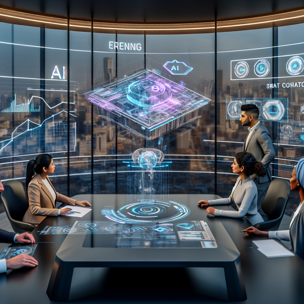 "A cutting-edge, future-oriented workspace featuring a holographic tabletop display showing dynamic 3D graphs, charts, and models illustrating AI trends in real estate. Surrounding the table, diverse professionals in a sleek, glass-walled conference room scrutinize the evolving data. On the hologram, prominent display of AI-driven analytics tools predicting market trends, AI-enhanced virtual property tours, and smart contract negotiations for 2023-2028, set against a backdrop of a digitally-enhanced city skyline showing futuristic buildings and IoT devices seamlessly integrated into urban life. The atmosphere reflects a blend of practicality and innovative tech ambiance."