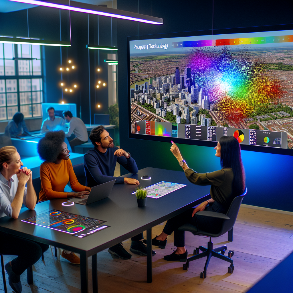 "A dynamic scene showing a group of diverse proptech founders engaged in a collaborative meeting in a stylish, spacious startup office. The table they are gathered around features a large, vivid display of a real estate analytics platform, showing an interactive city map enriched with layers of location data such as demographic trends, public transport options, and real estate heat maps. The walls of the office are adorned with digital screens projecting further data analytics and city planning visuals, reflecting a vibrant environment of innovation and teamwork. The overall ambiance is brightly lit with a contemporary yet welcoming decor, emphasizing the empowering aspect of the community."