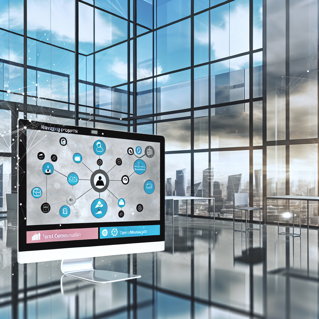 "A dynamic workspace environment showcasing a screen with VTS software in action, detailed with interactive widgets that enhance tenant communications and display real-time property data. The setting is a sleek, modern office with glass walls, minimalist furniture, and a view of the cityscape outside, symbolizing connectivity and cutting-edge technology. The focus is on the high-resolution screen displaying a user-friendly interface, where icons and graphics represent different engagement tools like notifications, messages, and analytics dashboards, all executed in a realistic, polished style to appeal to property managers and real estate professionals."