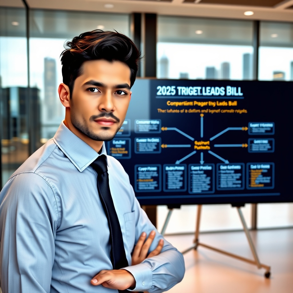 "A focused, smartly-dressed businessperson stands in front of a large digital display showing a graphical interpretation of the 2025 Trigger Leads Bill, focusing on its major points and impact on businesses. The board visualizes the pathways and outcomes through flowcharts and interconnecting arrows, accentuating sections like 'Consumer Rights', 'Business Compliances', and 'Data Usage Policies'. The background is a sleek, contemporary office setting with glass walls and a view of a bustling city skyline, emphasizing a forward-thinking and strategic business environment."