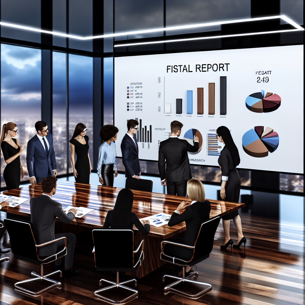 "A sleek and modern office environment where a diverse group of real estate professionals are gathered around a large, polished wooden table, intently examining a digital display. The display features an infographic of Ginnie Mae's fiscal report, emphasizing key financial metrics and trends without specific text. Visual elements include pie charts, bar graphs, and arrows indicating growth trends. The professionals appear engaged and thoughtful, dressed in business attire, which conveys a scene of professionalism and strategic planning. The office has large windows showcasing a cityscape in the background, underlining the real estate market context."