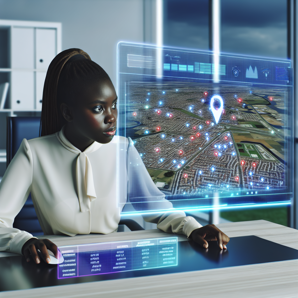 "A cutting-edge workspace where a young real estate professional is analyzing properties using a sophisticated AI-driven digital interface. The interface showcases a dynamic map peppered with various location insights such as demographic data, property values, and distances to key amenities like shopping centers and parks. This desk scene is framed by a sleek, modern office environment, emphasizing a high-tech, innovative atmosphere suited for top-tier real estate market analysis."