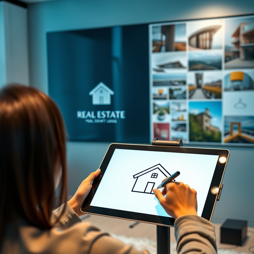 "A sleek and modern design studio setting, showcasing a young professional graphic designer at work on a digital drawing tablet. The screen displays the process of creating an elegant and upscale real estate logo, featuring a minimalist house icon integrated with a key. The background shows a mood board with various color palettes and inspirational images related to luxury real estate and architecture, reflecting a blend of creativity and industry-specific professionalism."