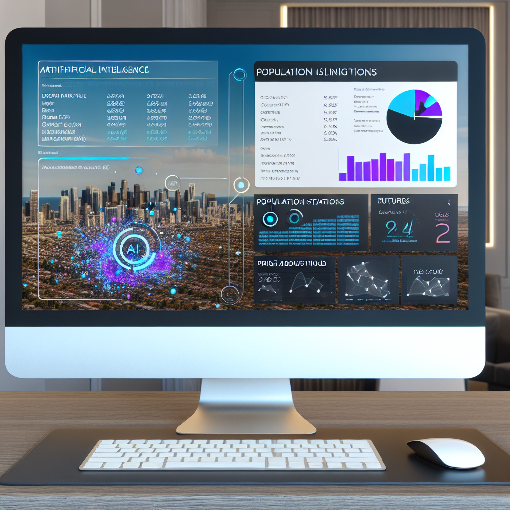 "A sleek workspace showcasing a high-end computer monitor displaying an advanced AI software interface analyzing real estate listings. The screen highlights graphical charts, demographic statistics, and predictive trends. Elements such as interactive maps showing various property ratings, a sidebar with AI suggestions on price optimization, and virtual tours of properties are visible. The setting is a stylish office with a panoramic view of a bustling city skyline, embodying a blend of technology and real estate market savvy."
