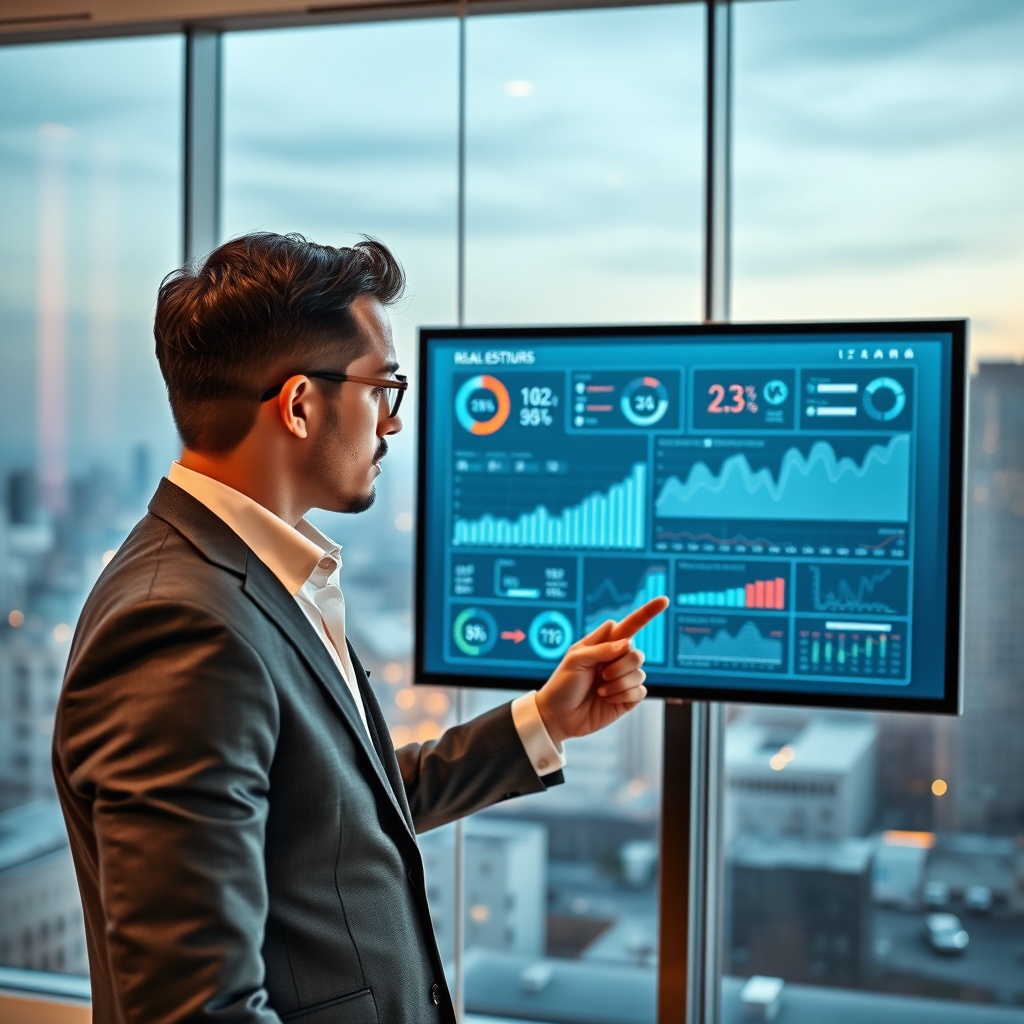 "A sleek, modern office environment where a focused real estate professional is reviewing a high-tech dashboard on a large, transparent screen. The dashboard exhibits various metrics and graphs showing credit scores, lending rates, and market trends against a dynamic background of a city skyline. The professional, dressed in a smart, business casual outfit, is analyzing these data points which subtly glow, emphasizing importance and innovativeness. The overall mood is clean, professional, and forward-thinking, targeted at impressing real estate strategists and financial experts."