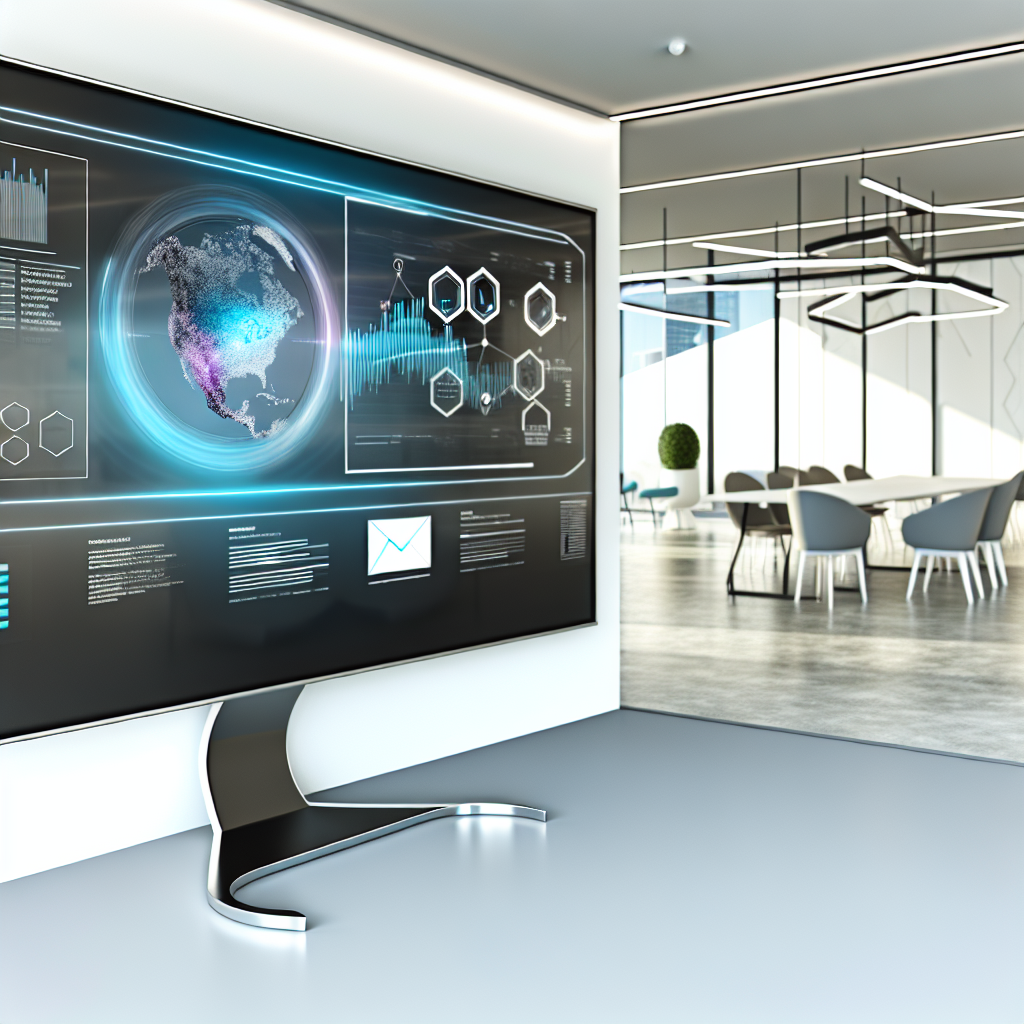 "A sleek and contemporary office space, showcasing a large, high-resolution monitor framed by minimalist decor. The screen displays the innovative interface of the Encompass Partner Connect software, featuring advanced mortgage analytics and collaboration tools. The visual elements include vibrant, interactive charts, a seamless workflow diagram, and a futuristic network map connecting various professionals in the mortgage industry. The room is well-lit with natural sunlight, embodying a forward-thinking and efficient atmosphere typical of modern financial services."