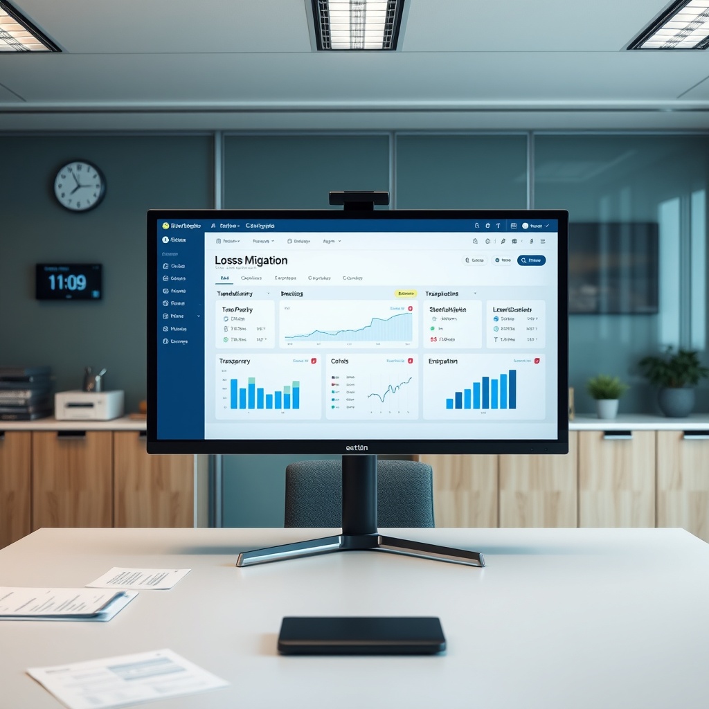 "An organized office environment showcasing a large, clear monitor displaying a simplified digital dashboard for loss mitigation. The dashboard features streamlined workflows and transparency measures like graphs and progress trackers. The background includes a neat desk with visible documents related to standardization protocols and a digital clock showing real-time data processing. The scene conveys a sense of efficiency and modern professionalism, appealing to financial analysts and business executives."