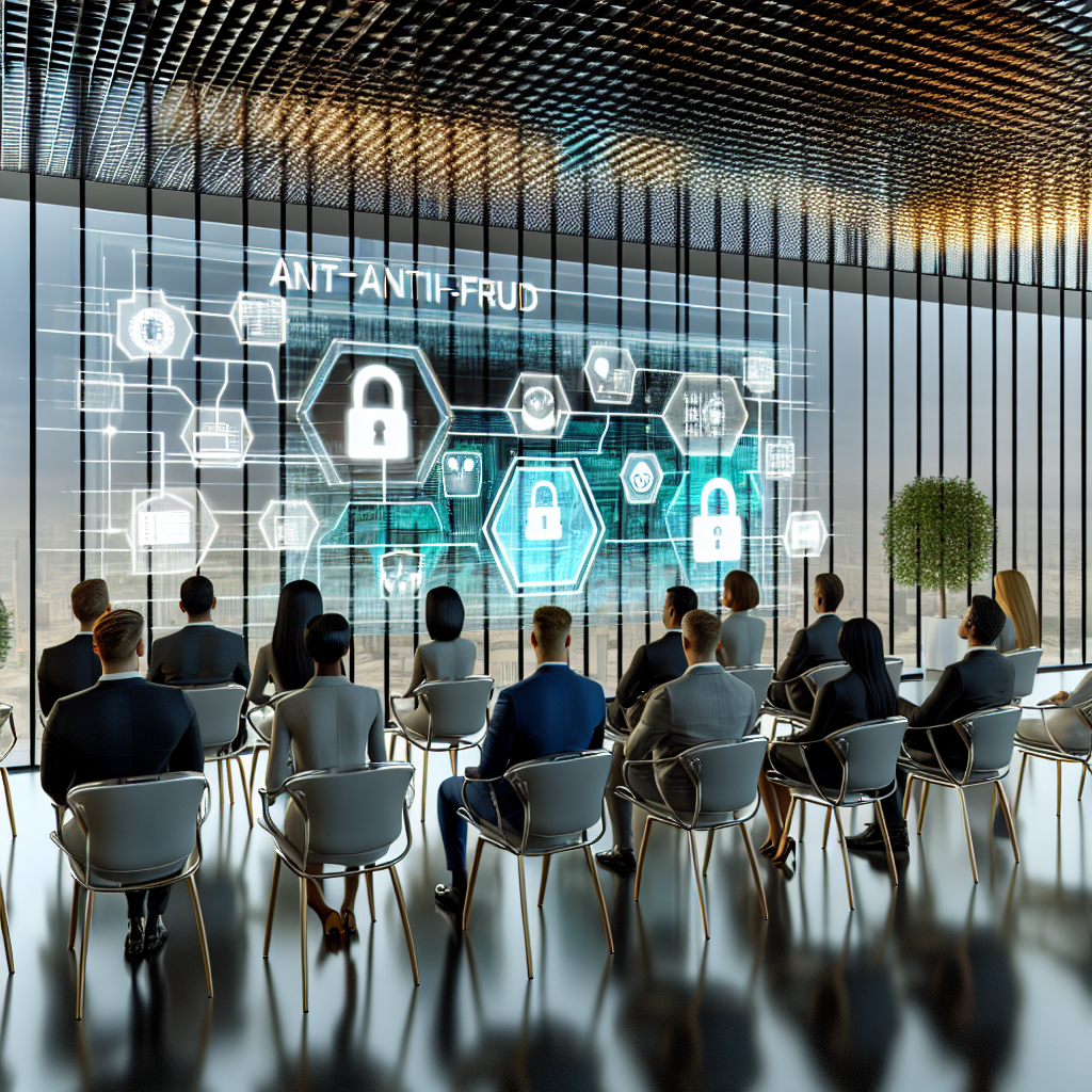 "A sleek, high-end office setting illustrating a group of professional real estate agents attentively watching a presentation on a large screen. The screen displays various anti-fraud strategies including digital security icons like encryption, firewalls, and secure transaction platforms. The environment reflects a sophisticated, technology-driven workspace with glass walls, modern office furniture, and a hint of green with potted plants, enhancing professionalism and the focus on secure real estate practices."