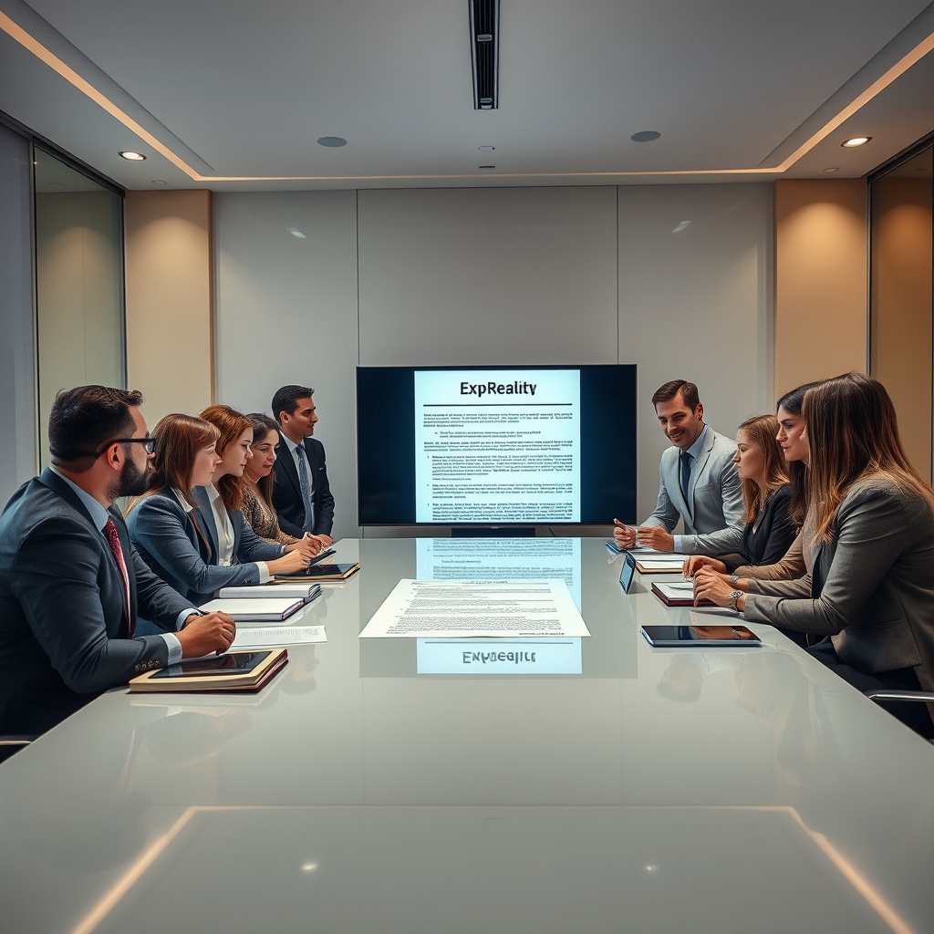 "A sleek, modern office setting where a serious-looking group of diverse real estate professionals gather around a large, glossy table. They are intently focused on a large digital screen displaying a detailed legal document titled 'eXp Realty Lawsuit'. The environment reflects a high-stakes, professional legal review scenario, with contemporary furnishings and ambient lighting that casts a serious, yet approachable atmosphere. Key elements like legal books, digital tablets, and professional attire suggest a direct connection to the real estate industry and legal practices."