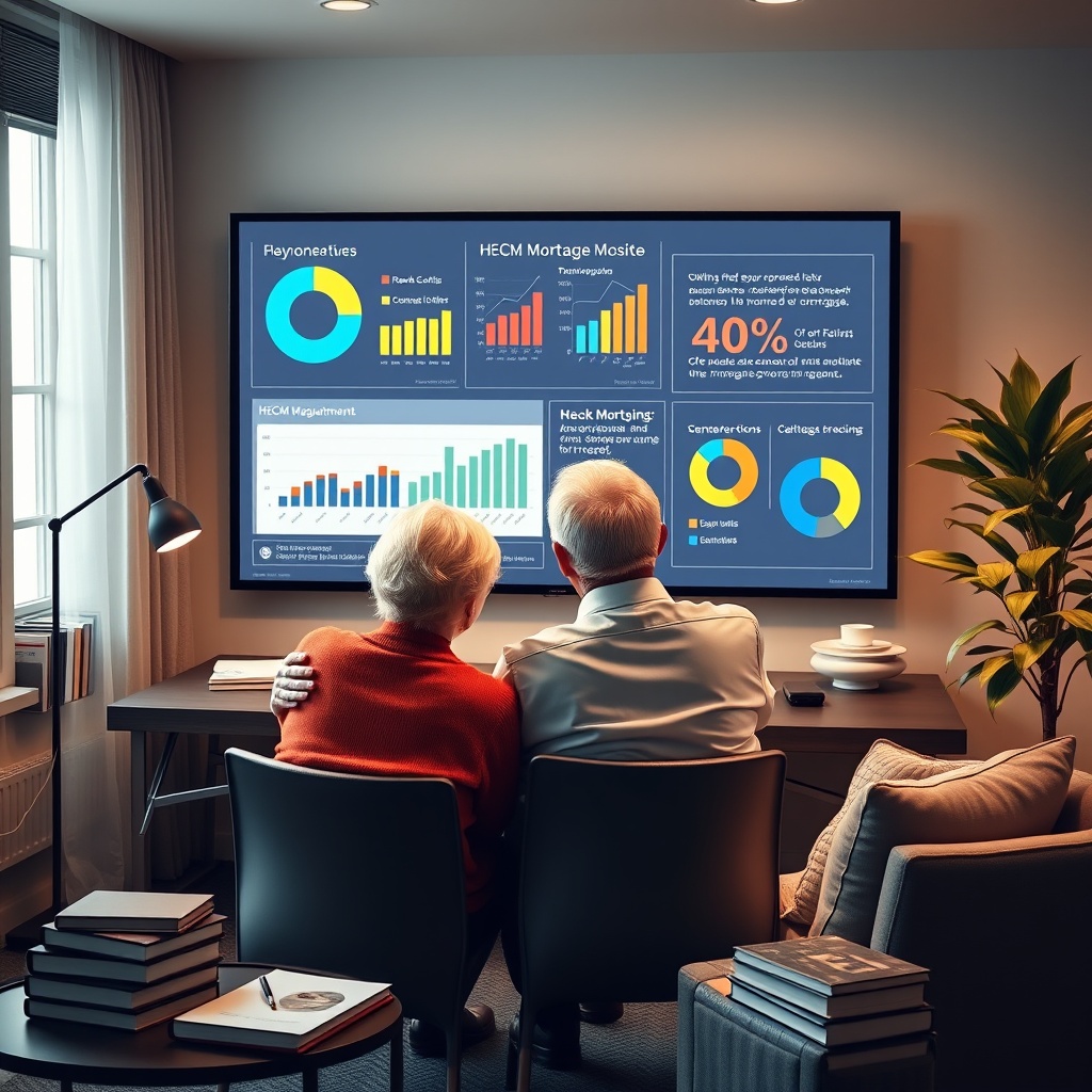 "A detailed, sophisticated workspace showing a senior couple reviewing a large digital display with interactive data graphs and pie charts that illuminate the updated Home Equity Conversion Mortgage (HECM) regulations. The scene illustrates a comfortable, modern home office environment, with the couple seated at a stylish desk, surrounded by books and a lush indoor plant. The digital display vividly showcases various mortgage scenarios and their benefits, intended to represent empowerment through understanding financial options."