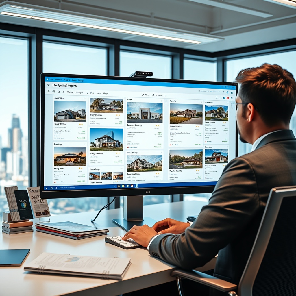 "A sleek and modern workspace featuring a real estate agent examining a large, high-resolution computer screen displaying multiple MLS (Multiple Listing Service) interfaces. The screen shows a variety of properties listed in different styles, indicating a comparison between several MLS options. In the clean and professional office environment, there are visible hints of real estate publications and a cityscape visible through a window in the background, emphasizing the agent's commitment to leveraging comprehensive tools to benefit clients."