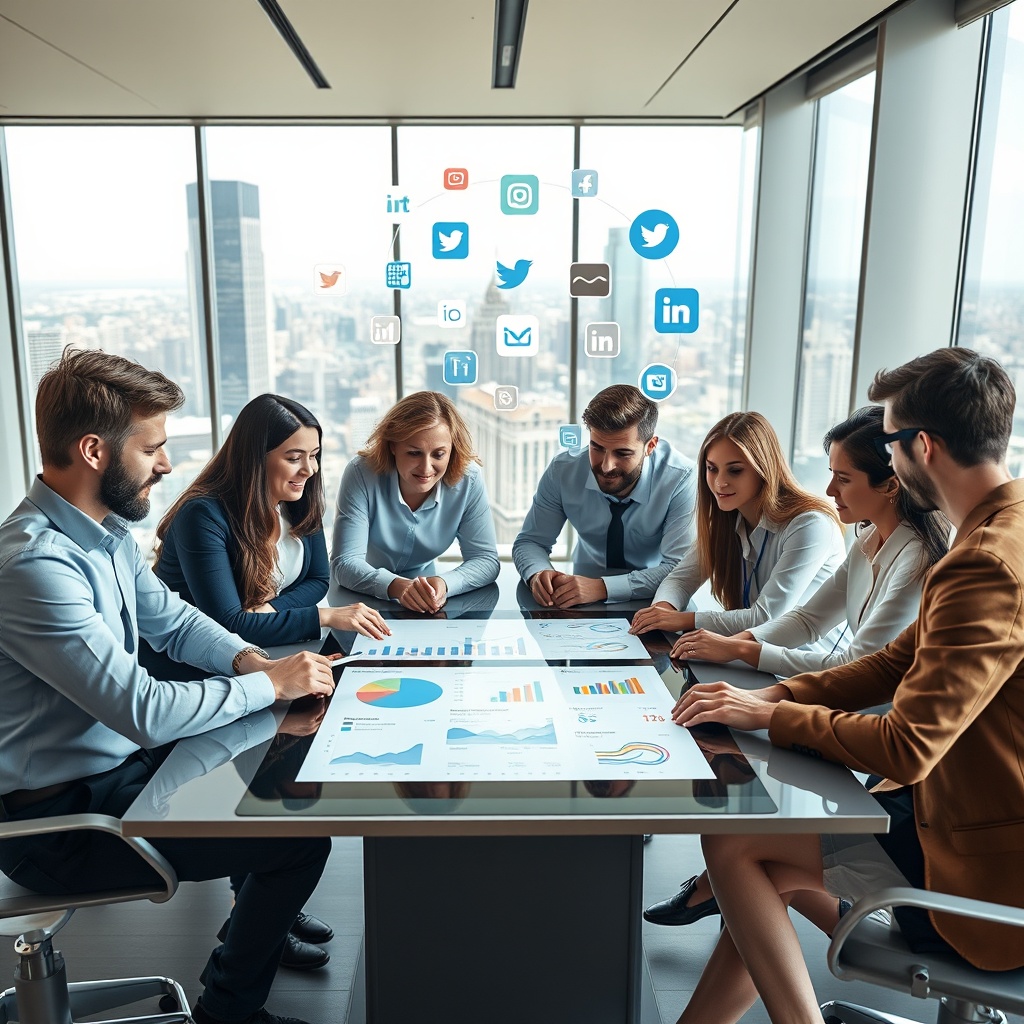 "A dynamic and contemporary office setting where a young, diverse group of real estate professionals are actively engaged around a large, sleek table. They are focused on a high-tech digital tablet displaying vibrant social media analytics and strategy diagrams. Various social media platforms are visually represented with subtle, recognizable icons floating above the tablet, suggesting active engagement and strategy planning. The background is a well-lit, stylish office space with panoramic windows showing a bustling cityscape, symbolizing connectivity and modernity."