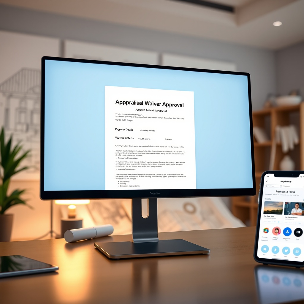 "A clean, professional image showcasing a sleek computer monitor displaying a digital document titled 'Appraisal Waiver Approval' with visible sections such as 'Property Details', 'Waiver Criteria', and 'Approval Status'. The background features a well-organized real estate office with architectural blueprints, a glowing desk lamp, and a digital tablet showing a real estate app's home screen, without any visible text on these secondary devices. This setting conveys a sense of advanced technology and efficiency in the real estate industry."