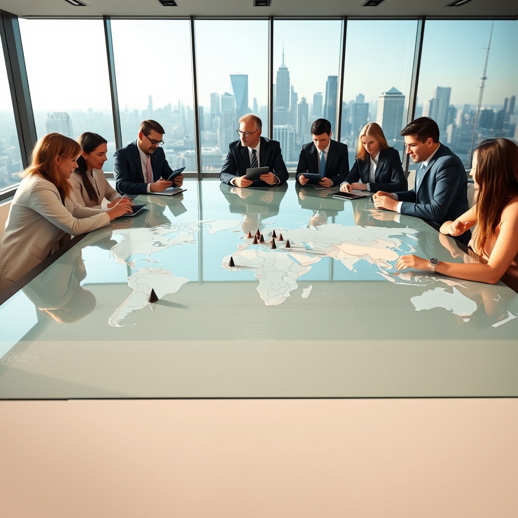 "A sleek, modern conference room with a large glass table reflecting a high-resolution, interactive map displaying various real estate merger and acquisition hotspots globally. Around the table, a diverse group of professionals—real estate analysts, investors, and lawyers—can be seen engaged in a strategic discussion using digital tablets and pointing at the map. The prominent feature of the map should highlight trends and significant transactions in major cities marked with subtly designed, distinctive pins. The room has a backdrop of a city skyline through large windows indicating future growth and aspiration, creating an atmosphere of cutting-edge professionalism."