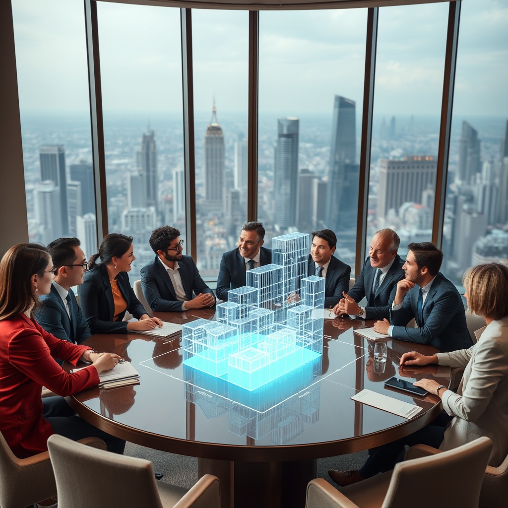 "An elegant conference room featuring a round table where a diverse group of real estate professionals are engaged in an animated discussion. On the table, there's a transparent holographic display showing a dynamic 3D graph of real estate commission structures transforming over time. The room is sophisticated with large windows overlooking a bustling city skyline, embodying a sense of progress and modernity in the real estate industry."