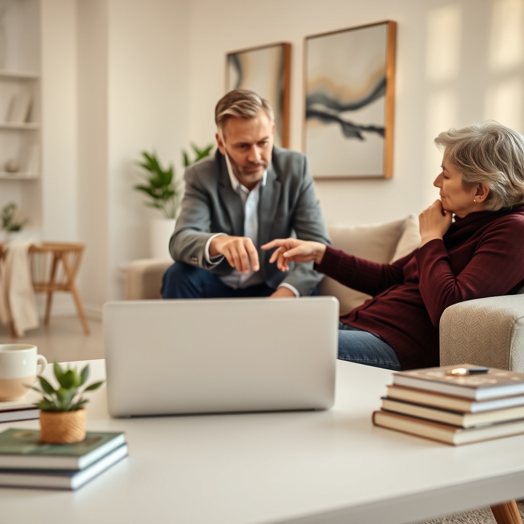 "A serene, contemporary home office setting featuring a middle-aged couple consulting with a financial advisor. The office is well-lit with soft, natural light. In the center, a sleek, open laptop shows a digital flowchart illustratively explaining the key steps and considerations in obtaining a reverse mortgage. Surrounding the laptop are subtle decorative elements like a small plant, a stack of finance books, and a calming abstract painting on the wall, suggesting an environment of thoughtfulness and trust. The advisor, depicted as a professional in their late forties, points towards the screen, while the couple, appearing thoughtful and engaged, follow along. This scene underscores a professional and supportive consultation process, targeting older homeowners navigating their financial options."