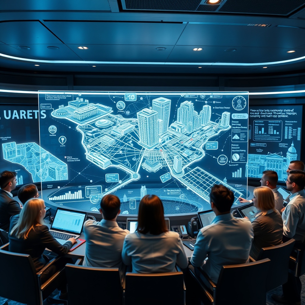 "A cutting-edge, futuristic command center with a diverse group of real estate professionals gathered around a large, holographic display showing dynamic 3D maps of urban real estate markets. The maps are detailed with fluctuating graphs and data points like demographic trends, historical sales prices, and real-time property analytics. The atmosphere is sleek and professional, with ambient blue and white light giving a sense of advanced technology and innovation."
