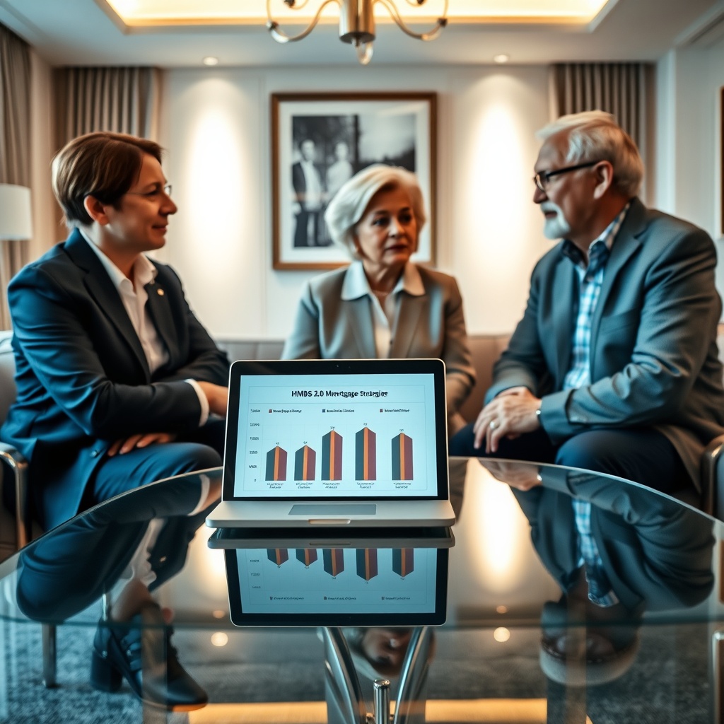 "An elegant office setting with a financial advisor discussing options with a senior couple. On the glass table between them, there's an open laptop showing an interactive chart of HMBS 2.0 reverse mortgage strategies. The background features soft, ambient lighting and tastefully minimal decor, highlighting a sense of trust and forward-thinking in financial planning. The scene captures a moment of attentive consultation, reflecting both professionalism and personalized care in financial services."