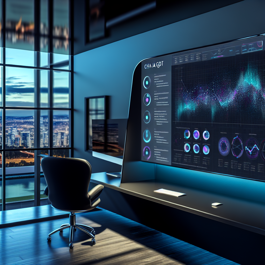 "An elegant real estate office setting featuring a high-end desk with a modern computer displaying a ChatGPT interface. On the screen, there are clear, colorful analytics and graphs regarding customer preferences and market trends specific to real estate. Nearby, a window overlooks a vibrant city skyline, subtly reflecting the data on the screen, symbolizing the integration of AI insights into real estate market strategies. The atmosphere conveys a blend of technology and professionalism, appealing to forward-thinking real estate agents and investors."