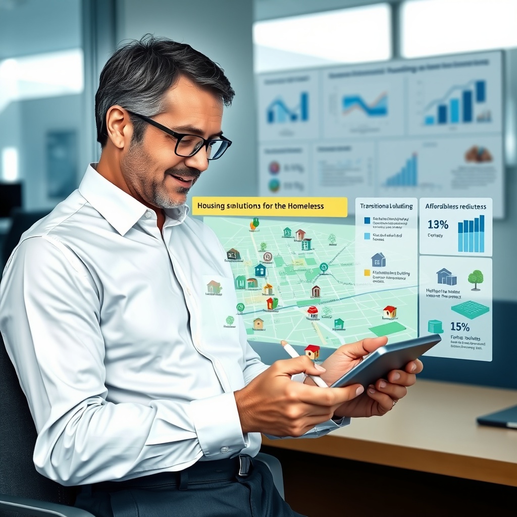 "A compassionate and engaging scene depicting a real estate leader in a professional setting, reviewing a digital interactive map that shows various housing solutions for the homeless. The map includes icons representing shelters, transitional housing, and affordable building projects distributed across a cityscape. The leader is shown making notes on a tablet, surrounded by graphs and statistics on homelessness reduction efforts, visually emphasizing collaboration and innovation in tackling societal issues. The office environment is sophisticated yet approachable, with hints of blue and green to evoke a sense of calm and hope."