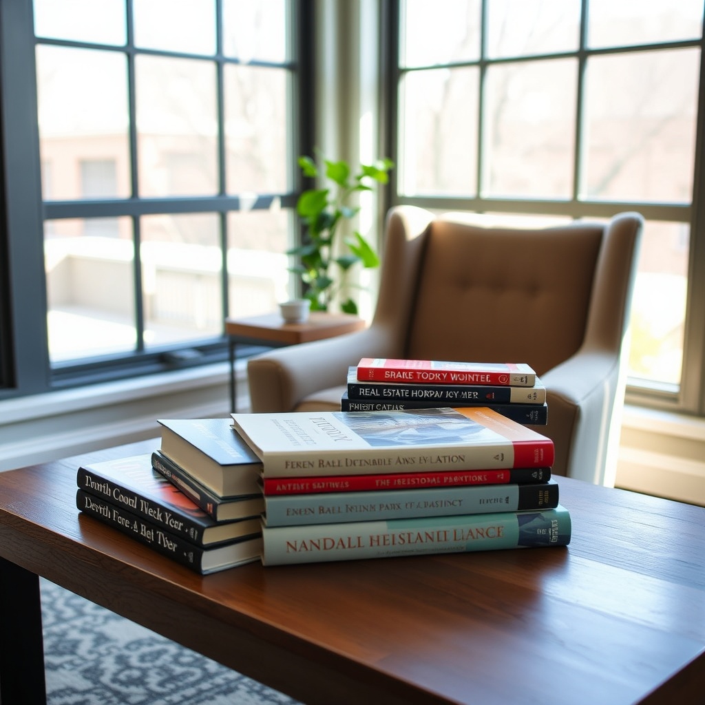 "A cozy reading nook by a large window with natural light streaming in, featuring a neat stack of the top 10 real estate books on a wooden coffee table. Each book has a distinct cover, symbolizing its unique content, arranged in a semi-circle showcasing its importance. The background includes a comfortable armchair and a small, leafy houseplant, conveying a serene environment ideal for learning and personal growth in the real estate field. The setting is professional yet inviting, appealing to aspiring and seasoned real estate professionals alike."