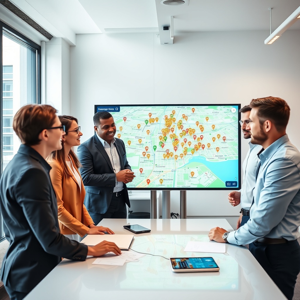 "A bright, dynamic office environment where a group of real estate professionals are actively discussing around a large digital display. The screen shows an interactive map bursting with various colorful property markers across an expansive urban landscape. The scene captures a moment of strategic planning, with visible elements like residential areas, commercial zones, and key urban landmarks. The professionals, diverse in gender and ethnicity, are dressed in business casual, suggesting a professional yet accessible workplace. The overall ambiance of the workspace is modern and well-lit, representing forward-thinking and proactive strategies in real estate."