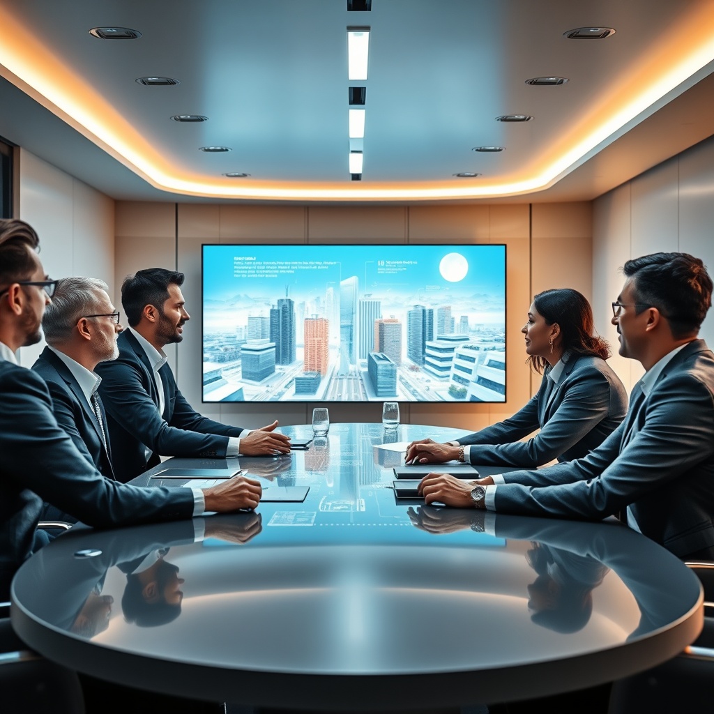 "A sleek conference room with a large, oval table where diverse professionals are engaged in a meeting. The focus is on two individuals, one presenting a digital model of a smart city on a high-tech screen. The model includes various types of properties enhanced with proptech features like energy conservation systems and AI amenities. The surroundings convey a high-end, innovative atmosphere, suggesting a setting of collaboration and strategic planning, targeting real estate professionals and tech developers."