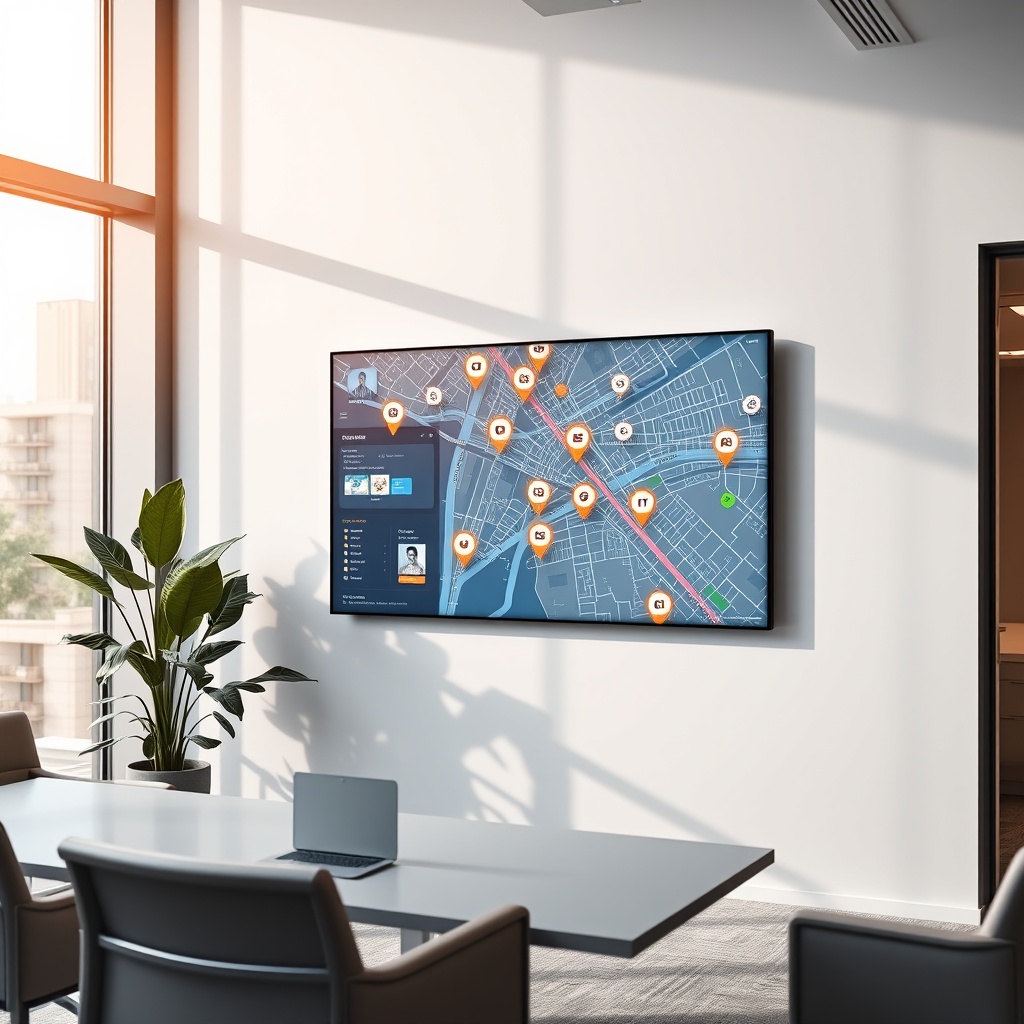 "Imagine a sleek and modern real estate agency office, illuminated by natural light through large windows. In the center, a digital display is mounted on the wall, showcasing an interactive real estate dashboard. The dashboard vividly illustrates a dynamic city map that actively highlights various properties with pulsating icons. Each icon represents a different property listing, and around these listings, smaller icons pinpoint essential amenities like schools, bus stops, and other relevant facilities, enhancing the area’s attractiveness. The atmosphere of the office is professional yet inviting, designed to appeal to tech-savvy property investors and real estate professionals looking for cutting-edge tools to optimize and enhance their property listings."