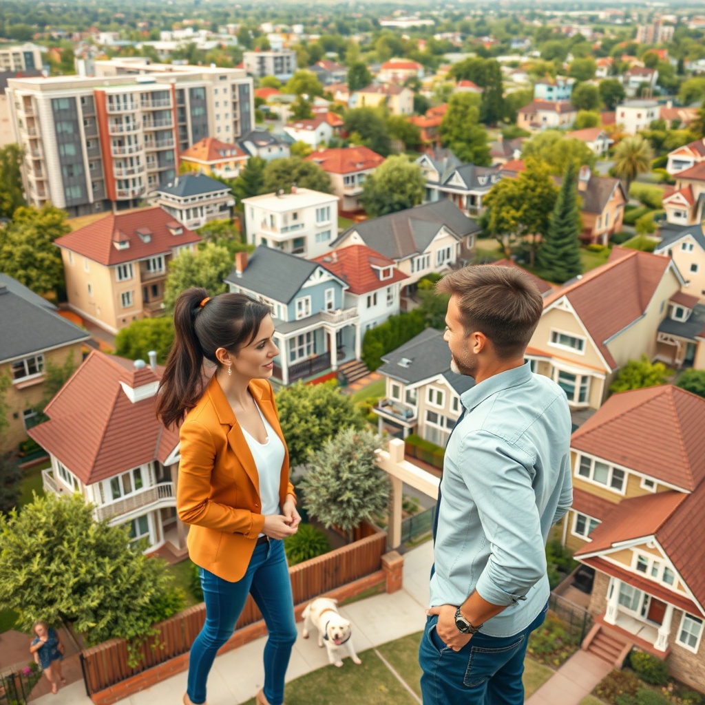 "An elevated view of a diverse neighborhood featuring a mix of housing styles, from modern apartments to traditional homes, illustrating the varied options in the 2025 housing market. In the foreground, a vibrant real estate agent role-plays a negotiation between a young couple and an older couple, highlighting both affordability and seller trends. The setting should convey a feeling of optimism with lush greenery and occasional people walking dogs, encapsulating a friendly community atmosphere. The image should be extremely detailed and realistic in style, capturing the nuances of different architectural designs and the diversity of the community."