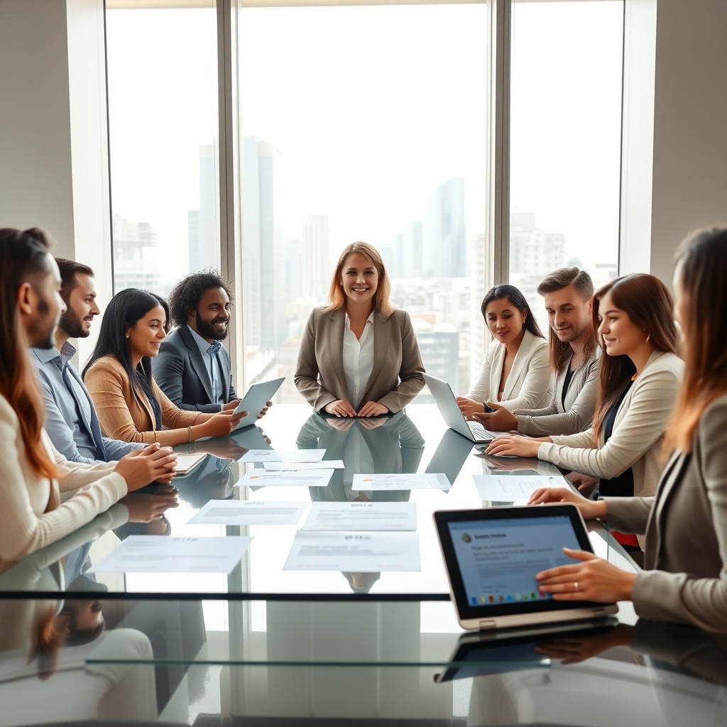 "An image of a high-performing real estate team in a modern, well-lit office environment, gathered around a sleek, glass-top conference table. The team, consisting of diverse professionals both male and female of different ethnicities, are actively engaged in a meeting. Each person has a digital tablet or laptop in front of them. The central focus is on a middle-aged Caucasian woman standing confidently, possibly leading the discussion about client feedback. On the table, there are documents and digital displays showing positive reviews and customer testimonials. The room exudes a sense of accomplishment and mutual respect, with soft, natural light pouring in through large windows overlooking a bustling cityscape, subtly emphasizing successful teamwork rooted in gratitude."