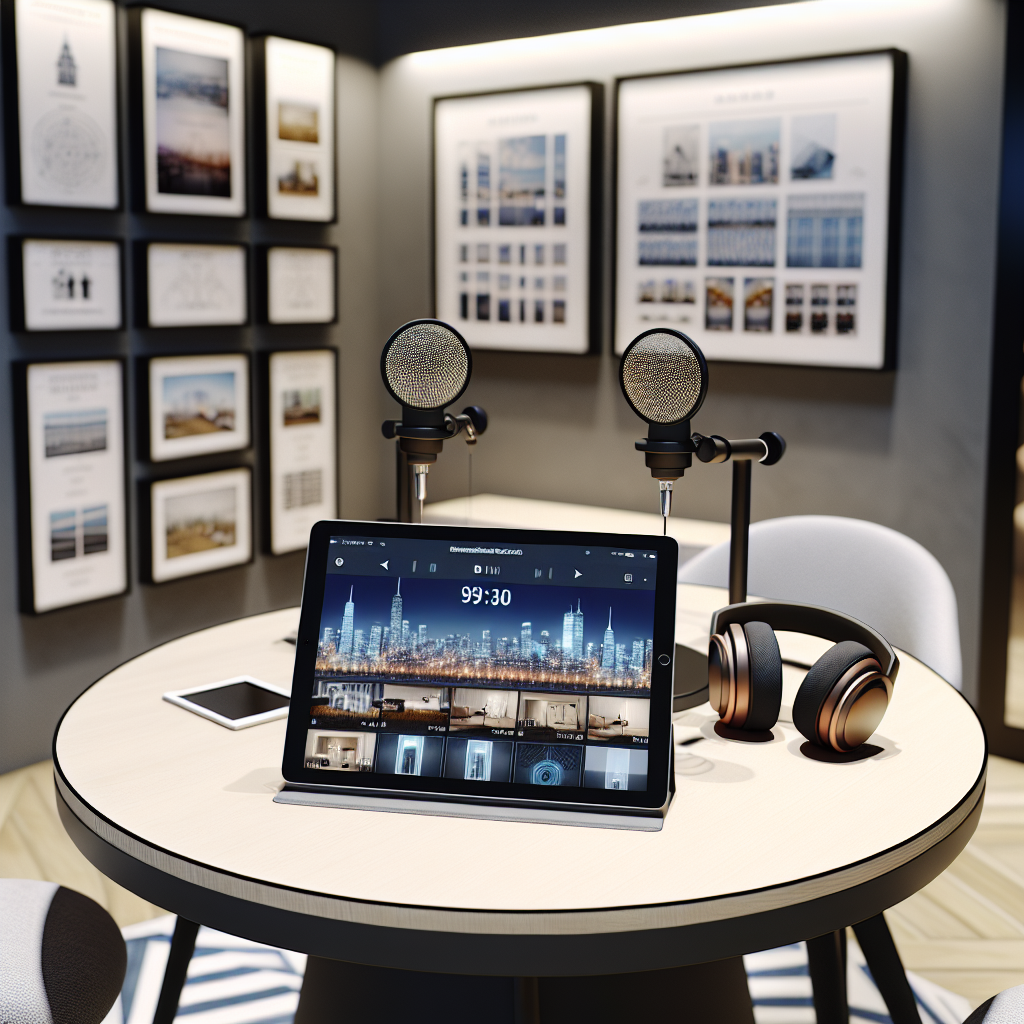 "A cozy podcast recording studio setting with modern, inviting aesthetics. The studio features a round table with high-quality microphones and headphones, prominently including a digital tablet displaying a list of top real estate podcasts. Surrounding the table, there are framed photos of various city skylines and architectural blueprints, suggesting a focus on real estate topics. The background subtly hints at advanced technology and AI through soft, ambient lighting and sleek, minimalistic furniture, appealing to professionals interested in leveraging AI in real estate."