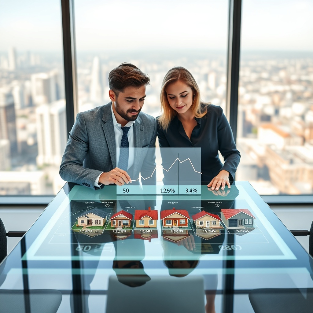 "A meticulously designed office interior featuring a young male real estate agent and a middle-aged female client discussing over a modern, transparent touchscreen table. The table displays dynamic graphics of fluctuating mortgage rates and a variety of house listings reflecting different price points. The background of the office shows a serene cityscape seen through large windows, symbolizing the challenges and opportunities in the current real estate market. The scene conveys a sense of professionalism, urgency, and strategic planning, set in a well-lit, contemporary office space to attract real estate professionals facing high mortgage rates."