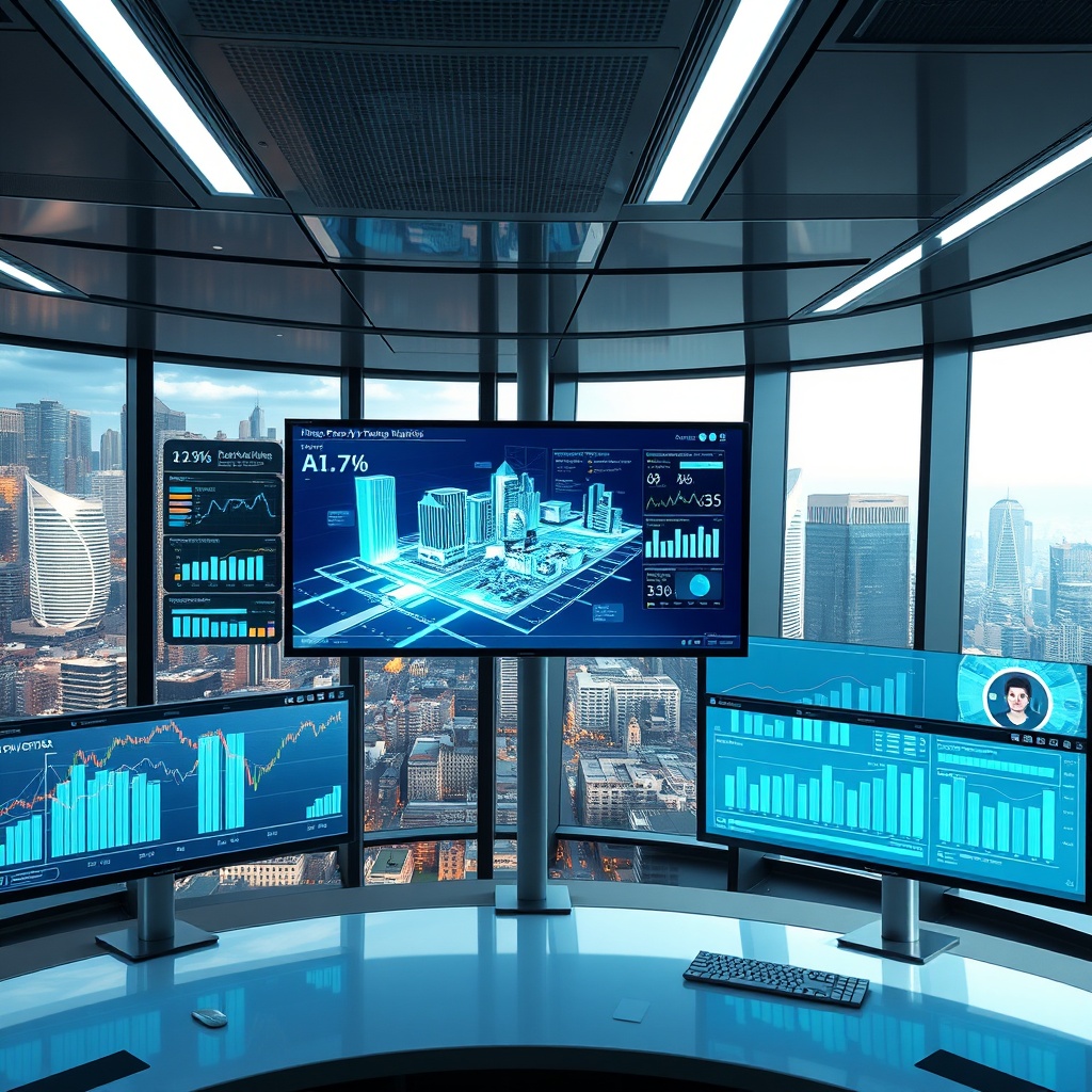 "An advanced, visually rich command center environment featuring multiple high-tech, transparent screens. Each screen displays various AI tools used in the real estate industry. On one screen, there's a dynamic 3D city model indicating real-time property market trends and analytics. Another screen shows AI-driven predictions and suggestions for property investment. The background is a sleek, modern office space with panoramic windows showing a bustling cityscape, conveying a futuristic and professional setting tailored to forward-thinking real estate professionals."