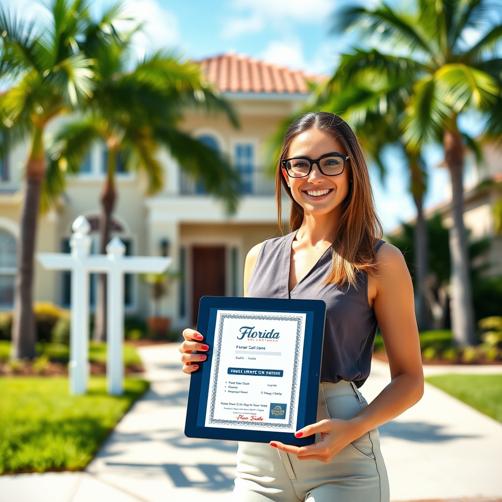 "A vibrant and engaging scene showing a young professional woman standing outside a stylish Florida home with a 'For Sale' sign prominently displayed. She is holding a digital tablet displaying a Florida real estate license certification. The background features a sunny, palm-lined street that epitomizes a typical scenic Florida neighborhood, symbolizing opportunity and success in the real estate market. The image should have a clean, professional yet inviting style, reflecting the aspirational tone of becoming a licensed real estate agent in Florida."
