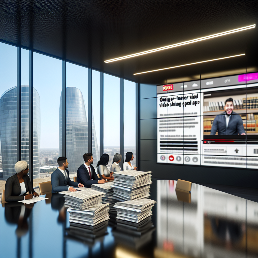 "A modern conference room with a large screen displaying a TikTok interface amidst legal documents scattered on a sleek meeting table. The screen shows a news headline about TikTok’s ongoing legal challenges. In the foreground, a group of diverse real estate professionals, including a lawyer, are in a discussion, with one pointing at the screen. The office has a contemporary design with glass walls and a view of urban skyscrapers outside, symbolizing the intersection of digital trends and real estate industry impacts."