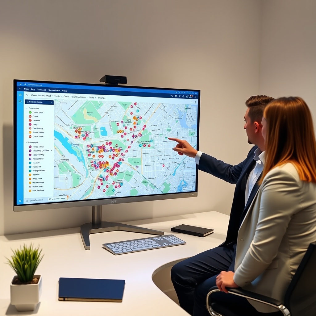 "A sleek and modern workspace containing a large, high-resolution monitor displaying an advanced Multiple Listing Service (MLS) interface. The interface features a vibrant and interactive map that prominently showcases various types of location data: colorful icons for residential areas, commercial zones, and key landmarks like parks and hospitals. Nearby, a real estate agent, depicted in mid-consultation, points at the screen, illustrating the benefits of this enriched data to a prospective client. The room is stylish with minimalist decor, reflecting a professional and forward-thinking atmosphere in real estate technology."
