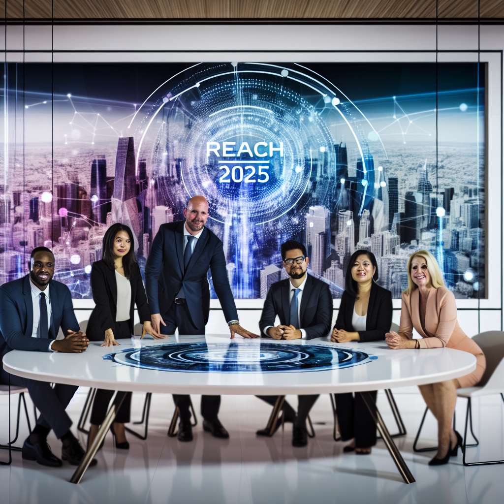 "A sleek, high-tech workspace environment featuring a diverse group of real estate professionals gathered around a large digital display showing the REACH 2025 logo. The background includes futuristic cityscapes blending with digital connectivity motifs, like nodes and lines symbolizing network and data integration. The design is clean and professional with a focus on innovation and collaboration in the real estate sector."