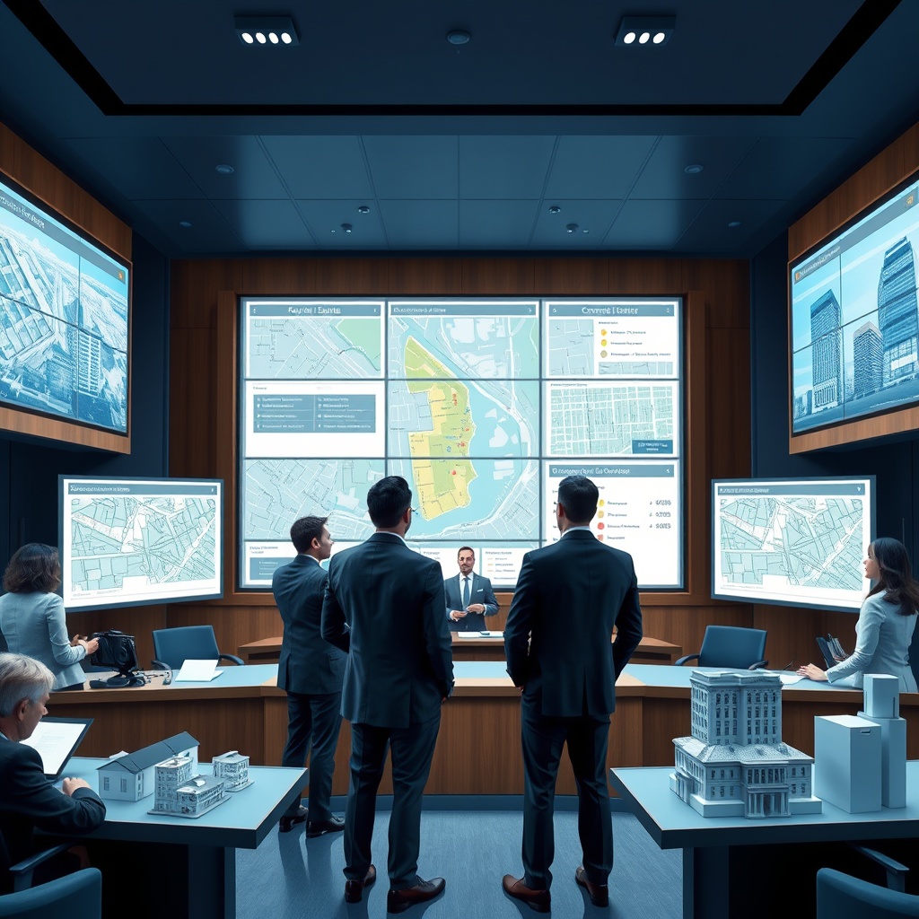 "A visually engaging image of a modern courtroom setting with a significant focus on digital displays showing real estate data and maps. The displays present information regarding property boundaries, zoning laws, and commercial development areas in an urban context. The courtroom scene includes diverse attorneys actively discussing these displays, dressed in professional business attire, reflecting intense yet controlled legal deliberations. The background subtly highlights architectural models of residential and commercial buildings, signifying the impact of the lawsuit on future real estate developments. The style should convey a serious tone appropriate for a legal discussion, yet be approachable and informative to underscore the transformative nature of the lawsuit in real estate practices."