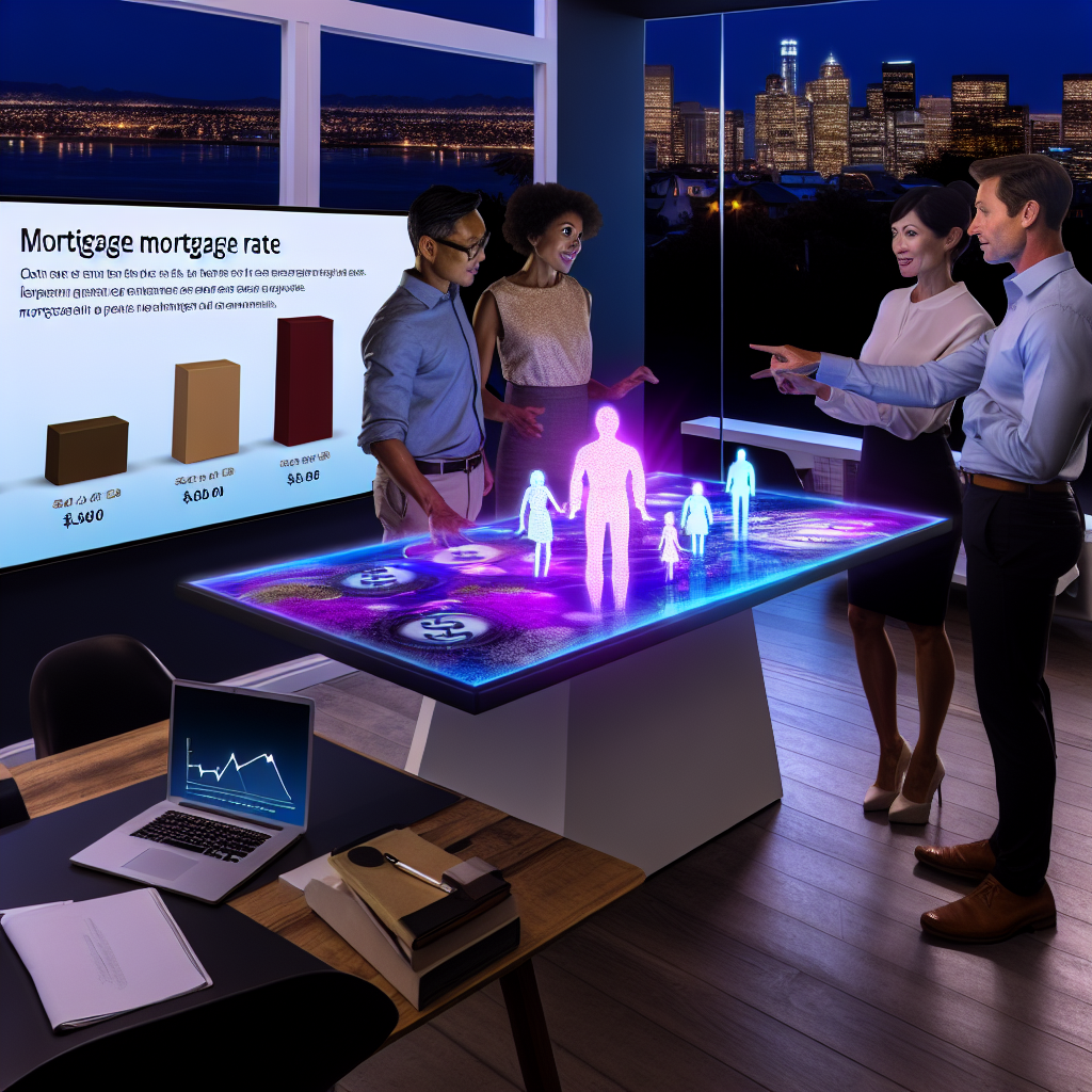 "A dynamic, engaging office environment where a couple is consulting with a financial advisor. The scene is centered around a sleek, modern table displaying an interactive touchscreen. On this screen, vivid, clear graphics show various mortgage rate trends and comparisons. Nearby, an open laptop shows a webpage with a bar graph comparing different mortgage options. The office is stylish and professional, featuring large windows with a view of a calm cityscape, embodying a sense of trust and financial expertise. The atmosphere is bright and welcoming, designed to appeal to prospective homebuyers looking for clarity and confidence in their mortgage choices."