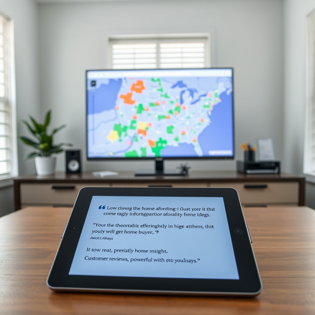 "A well-lit modern home office, featuring a large, sleek monitor on a desk displaying Zillow's interactive affordability map. The map shows various neighborhoods with color-coded areas indicating home affordability. Include visual icons like dollar signs, small houses, and percentage symbols strategically placed on the map. In the foreground, an iPad rests on the table, showing customer reviews praising the affordability insights. The scene conveys a sense of clarity and empowerment, appealing to potential home buyers."