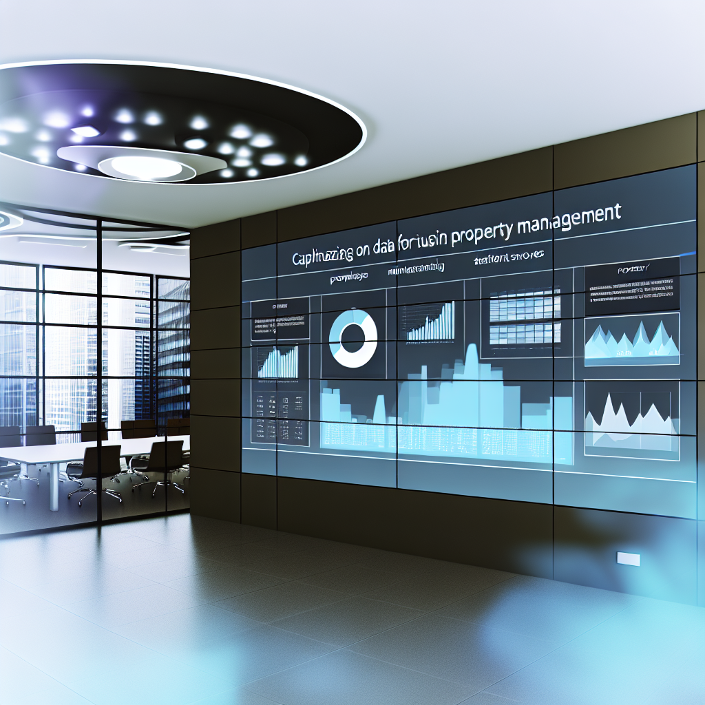 Visualize a sleek, state-of-the-art office environment that houses a gigantic, high-definition display on a wall, showcasing an evolving property management dashboard. This dashboard elucidates various graphs and analytical charts representing instantaneous data on aspects like property occupancy rates, maintenance scheduling, and tenant satisfaction scores. The background embodies a well-lit, present-day office design encapsulated by glass walls and minimalist décor, alluding to a perception of innovative, efficient business management. This image symbolizes the theme of capitalizing on data for triumphant property management.