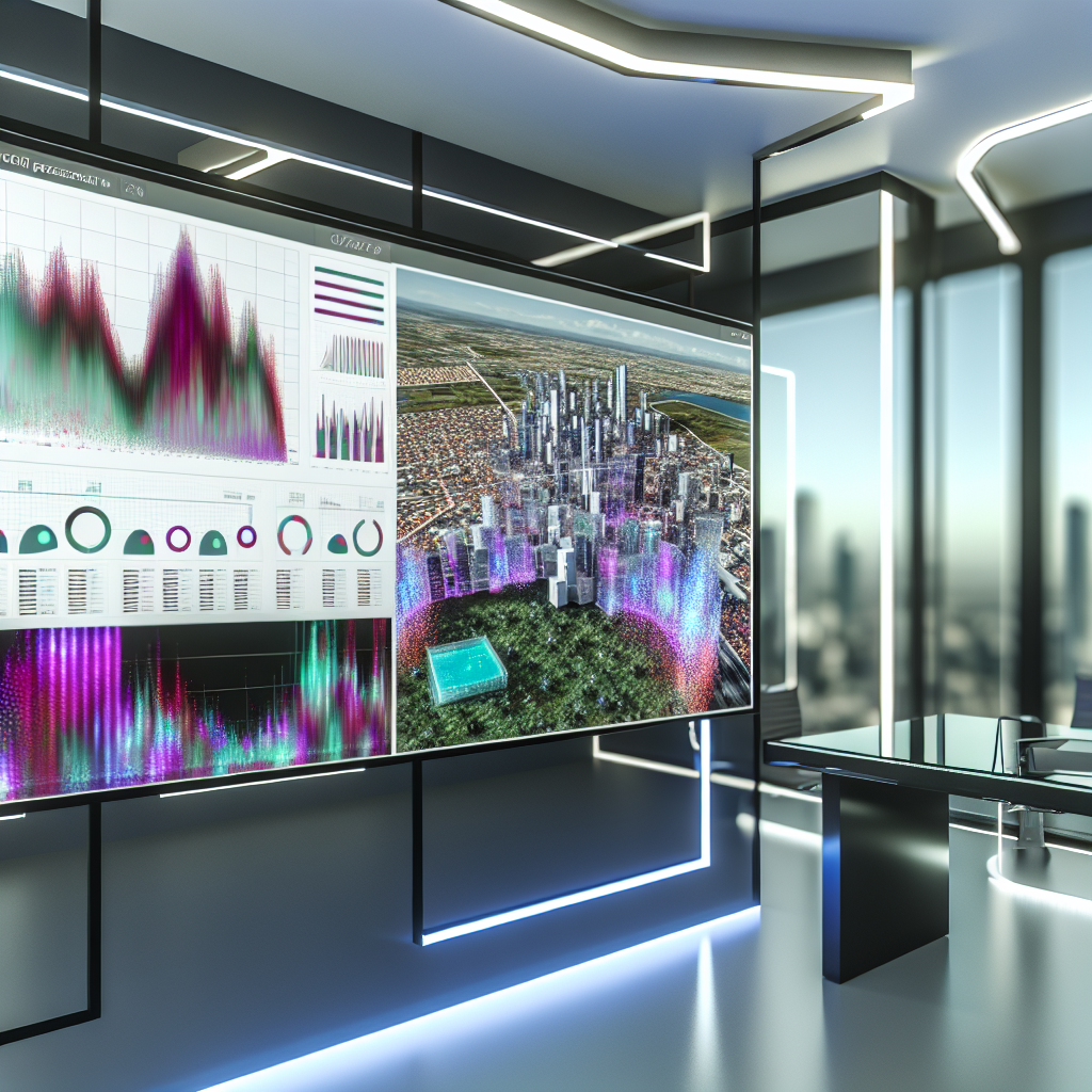 An innovative, ultramodern workspace featuring a substantial, high-definition screen showing advanced data analysis software used for property market predictions. The screen exhibits a vibrant 3D city model with multiple layers of data visualization underscoring trends in property values, population changes, and financial aspects. The surrounding is fashionable and minimalistic, equipped with a glass desk, contemporary illuminants, and vistas of a city skyline through expansive windows, accentuating the avant-garde technology and strategic foresightedness.