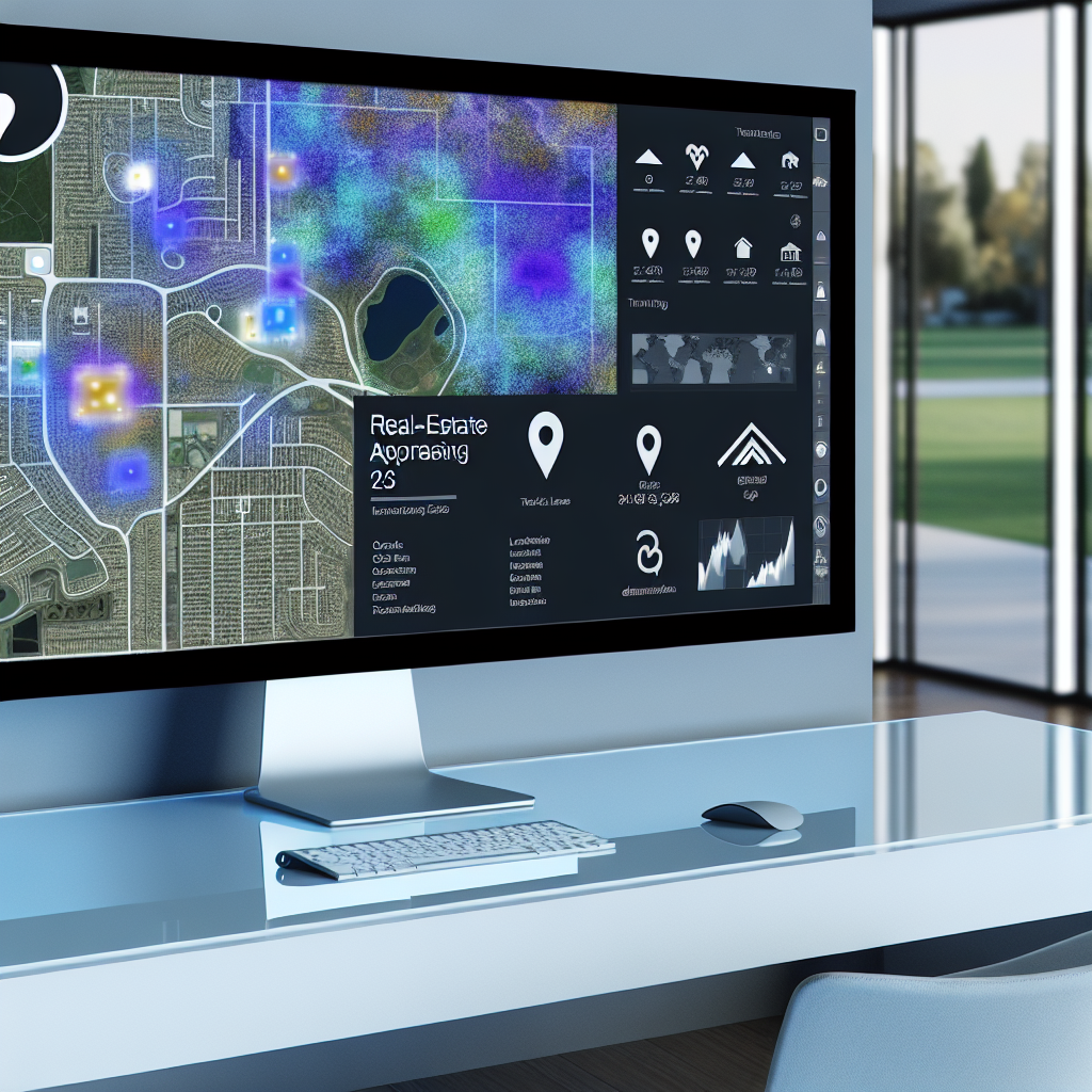A contemporary and refined home workspace, showcasing a vast, cutting-edge screen displaying a fictional real-estate appraisal interface. The screen portrays a vivid, detailed map marking assorted properties, signified by interactive icons for amenities such as educational institutions, public parks, and retail outlets. The map also displays layers of location-related information, including traffic movement and demographic data. The workspace exudes a modern effect with a spotless, minimalist desk and a snug seat, complemented by a window in the backdrop that provides a vista of a peaceful residential area, symbolizing a fusion of technology and property investment acumen.