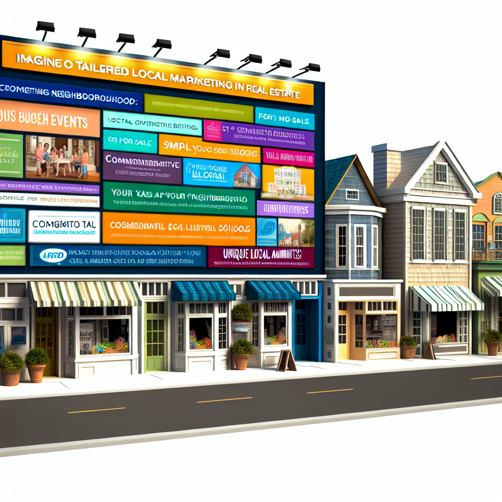 Imagine a lively, colorful street scene in a bustling city. The area is filled with various real estate properties such as apartment buildings of different styles and sizes, small retail shops with unique displays, and family homes that exude charm and warmth. The focal point is a large, interactive digital billboard, which is brightly lit and displays different aspects of local marketing. It showcases upcoming neighborhood events, commendable achievements of local schools, and creative promotions from unique local businesses. Most of the properties on the street have subtle 'For Sale' or 'For Rent' signs, with additional tags that spotlight local amenities. This scene encapsulates the concept of tailored local marketing in real estate, lending great emphasis to a community-oriented approach and creating an eyecatching, enticing visual tableau.