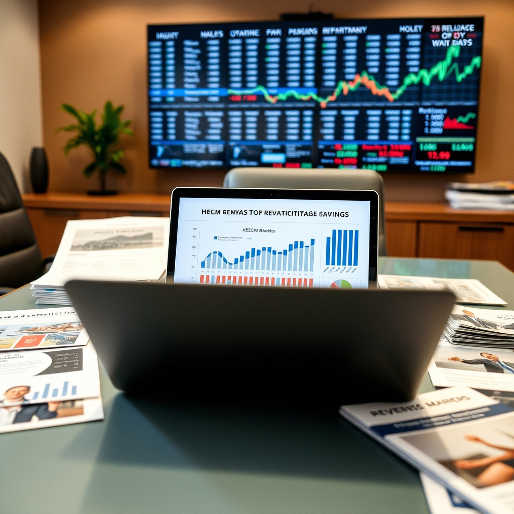 "A sophisticated workspace featuring a financial advisor's desk with an open laptop displaying graphs and charts about HECM (Home Equity Conversion Mortgage) growth trends. Surrounding the laptop are brochures and reports specifically addressing reverse mortgage opportunities. In the background, there is a digital board showing dynamic financial markets, subtly indicating an environment that is focused on financial planning and trends. The scene captures a professional, contemporary office setting that reflects expertise and reliability in financial advisement related to housing equity and reverse mortgages."