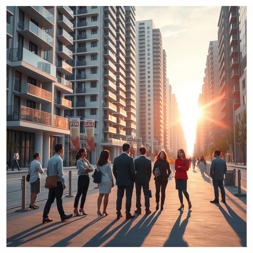 "A realistic and sophisticated image of a bustling urban real estate development area at dawn, capturing the essence of early market activities. The scene includes prospective buyers, depicted as diverse professional groups, casually discussing while viewing architecturally modern residential buildings. Several 'For Sale' banners are subtly visible, enhancing the concept of early market demand. The atmosphere conveys a calm yet eager morning vibe with soft sunlight piercing through the high-rise buildings, casting long shadows on the ground, symbolically pointing towards the properties for sale."