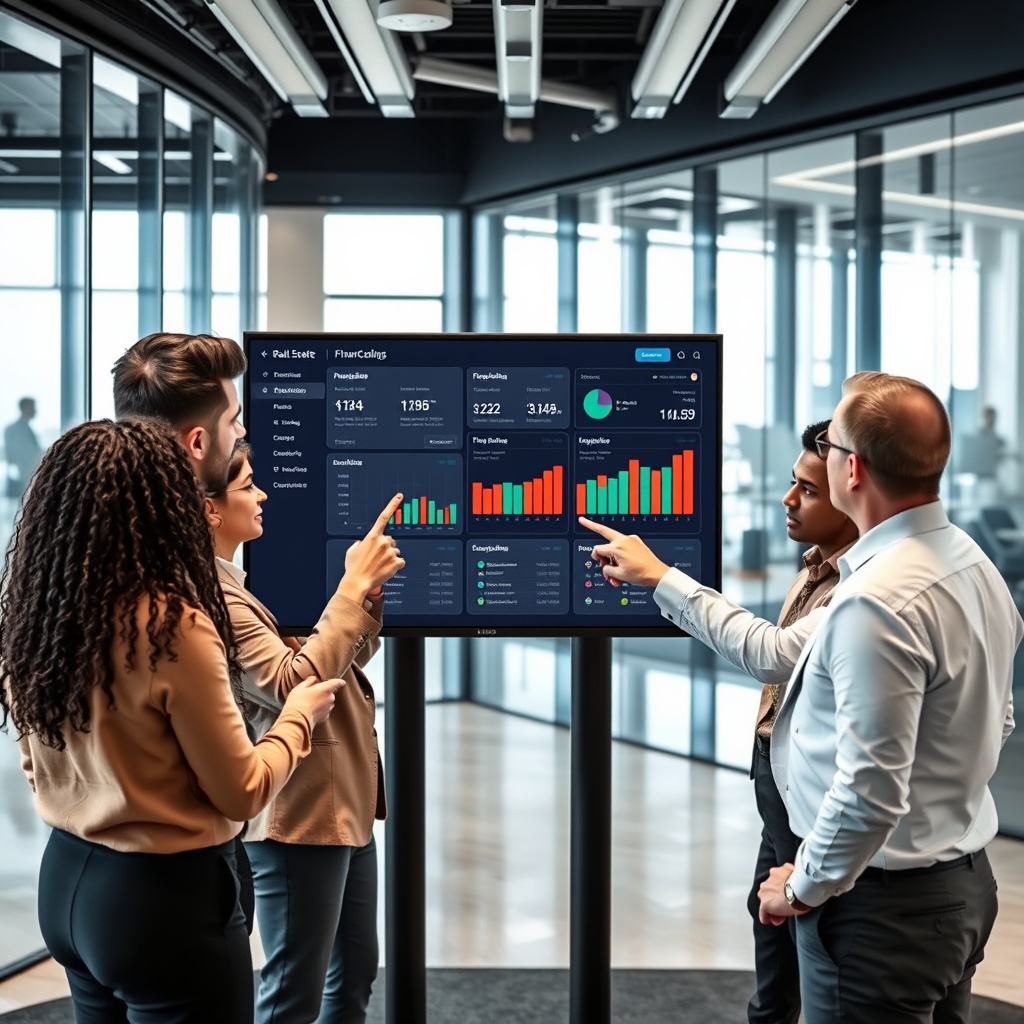 "A scene depicting a modern real estate office environment where a diverse group of agents are engaging with sophisticated financial software. The central focus is on a large, clear monitor displaying a dynamic financial dashboard which offers various in-house financing solutions and analytics. The agents, portrayed in a mixture of business casual attire, are seen discussing and pointing towards the screen, highlighting the partnership and collaboration. The office background features high-tech decor and glass walls filled with natural light, conveying a sense of transparency and trust in financial dealings."